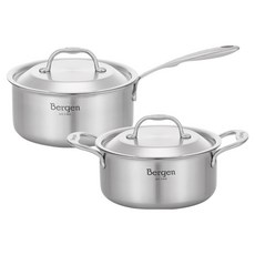 HANIL STAINLESS STEEL 電磁爐用全五層Bergen不鏽鋼雙耳鍋 18cm + 單柄鍋 20cm 套組, 單一顏色, 1套, 雙耳鍋 18cm + 單柄鍋 20cm