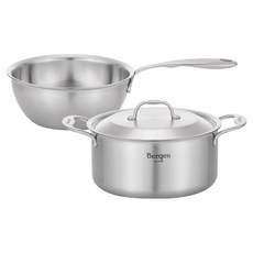 HANIL STAINLESS STEEL 電磁爐用全五層Bergen不鏽鋼雙耳鍋 20cm + 宮廷炒鍋 20cm 套組, 單一顏色, 1套, 雙耳鍋 20cm + 宮廷炒鍋 20cm
