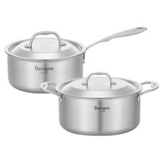 HANIL STAINLESS STEEL 電磁爐用全五層Bergen不鏽鋼雙耳鍋 20cm + 單柄鍋 18cm 2件組, 1套, 雙耳鍋 20cm + 單柄鍋 18cm