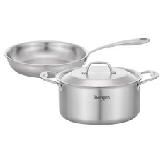 HANIL STAINLESS STEEL 電磁爐用全五層Bergen不鏽鋼雙耳鍋 20cm + 平底鍋 20cm 套組, 單一顏色, 1套, 雙耳鍋 20cm + 平底鍋 20cm