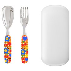 주니 316 올스테인레스 스푼 + 포크 + 케이스 세트, 오렌지 체크, 1세트