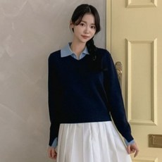 KNIT44 女款層次感V領襯衫領撞色一體成型Oukara T恤
