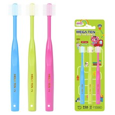 MEGA TEN 360度 幼兒牙刷 3件組 第2階段 8排 標準型, 藍色, 萊姆綠, 亮粉色, 1套