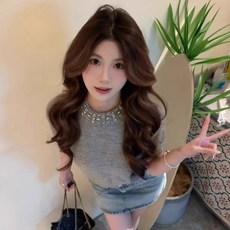 PEONIST 女款圓領珠飾簡約短袖針織衫