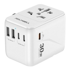 POLYWELL 寶利威爾 多國旅行充電轉接器 30W Type-C 3個 + USB-A 2個 無台灣/北美插頭 PW15-T05-A121, 白色, 1個