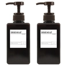 뉴앤룩 욕실 디스펜서 사각 공병 주방세제 리필용기 액상타입 450ml x 2p + DISH SOAP 라벨 2p 세트, 브라운(용기), 1세트