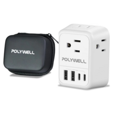POLYWELL 寶利威爾 歐規旅行轉接頭 韓國轉接插座 雙Type-C + 雙USB充電孔 附硬殼收納包, 1個