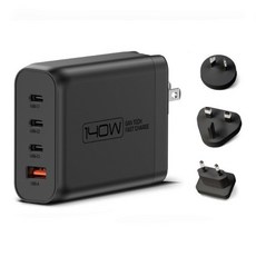 POLYWELL 寶利威爾 140W電源供應器 可充筆電 Type-C 3個 + USB-A 附多國轉接頭 3個 + 240W Type-C轉Type-C 充電線 PW15-T05-A106, 黑色, 1個