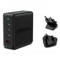 POLYWELL 寶利威爾 100W電源供應器 可充筆電 Type-C 3個 + USB-A 附多國轉接頭 2個, 黑色, 1個