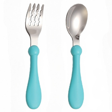 아마쿠루 스테인리스 귀여운 어린이 숟가락 + 포크 세트, 블루, 1세트, 스푼 + 포크