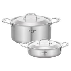 HANIL STAINLESS STEEL 電磁爐用不鏽鋼全五層Bergen鍋具2件組, 單一顏色, 1套, 雙耳鍋 24cm + 火鍋 18cm