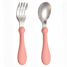 아마쿠루 스테인리스 귀여운 어린이 숟가락 + 포크 세트, 핑크, 1세트, 스푼 + 포크