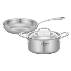 HANIL STAINLESS STEEL 電磁爐用全五層Bergen雙耳鍋 18cm + 平底鍋 20cm 套組, 不鏽鋼, 1套, 雙耳鍋 + 平底鍋