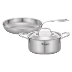 HANIL STAINLESS STEEL 電磁爐用全五層Bergen不鏽鋼雙耳鍋 18cm + 平底鍋 26cm 套組, 單一顏色, 1套, 雙耳鍋 18cm + 平底鍋 26cm