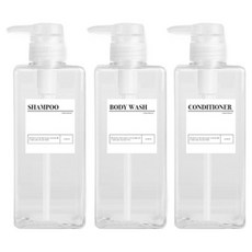 方形浴室洗髮精分裝瓶 補充瓶 液體用 650ml x 3入 + 3種標籤貼紙組, 透明, 1套