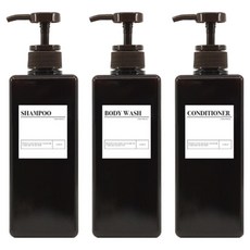 方形浴室洗髮精補充瓶 液體類型 650ml x 3入 + 3種標籤貼紙組, 棕色, 1套