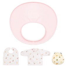 THEMOTHER 自主學習圓形副食品餐墊 + 無袖圍兜 + 長袖圍兜 + 收納袋組合, 嬰兒粉(餐墊), 粉紅櫻桃(圍兜), 1套