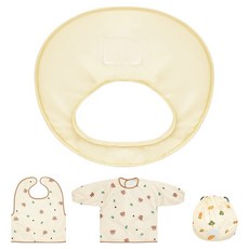 THEMOTHER 自主學習方形副食品餐墊 + 無袖圍兜 + 長袖圍兜 + 收納袋組合, 奶油牛奶(餐墊), 奶油熊(圍兜), 1套