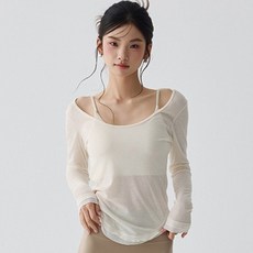 씨오브비 여성용 U넥 시스루 요가 필라테스 긴팔 레이어드 티셔츠