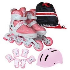LANDWAY 兒童競速直排輪 + 安全帽 + 護具 + 收納袋套組, 煙燻粉(直排輪), 粉紅色(安全帽), 粉紅色(護具), 1套