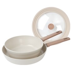 DELLAGO 電磁爐 Vero 陶瓷塗層平底鍋 3件組, 石奶油色, 1套, 平底鍋 28cm + 炒鍋 24cm + 矽膠多功能蓋