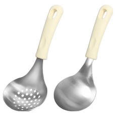 Lime Olive 矽膠不鏽鋼圓形迷你濾網湯勺 + 一般湯勺組, 白色, 1套