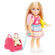 바비 인형 패밀리 여행 첼시 액세서리 세트, 핑크 + 옐로우, 1세트