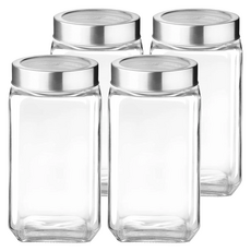 Hello Kitchen 透明蓋方形密封玻璃瓶, 4個, 1.5L