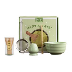 JAR嚴選 日式抹茶尖嘴陶瓷茶具5件組, 綠色, 1套, 茶碗, 茶筅, 茶杓, 茶濾網, 茶筅座
