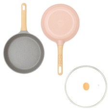 chefria IH野餐大理石紋輕型鍋具3件組, 粉色, 1套, 平底鍋 26cm + 宮廷鍋 24cm + 玻璃蓋 24cm