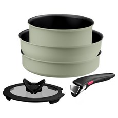 Tefal 特福 電磁爐 Magic Hands 2X 開心果奶油 5件組, 1套, 鍋子 18cm + 平底鍋 24cm + 炒鍋 26cm + 鍋蓋 18cm + 把手, 開心果奶油色