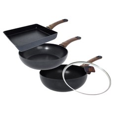 실바트 인덕션 까리노 IH 프라이팬 세트 4개, 블랙, 1세트, 사각팬 24cm + 프라이팬 24cm + 궁중팬 24cm + 유리뚜껑 24cm