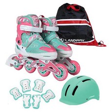 LANDWAY 兒童用競速直排輪 + 安全帽 + 護具3件 x 2p + 收納袋組合, 薄荷綠, 1套