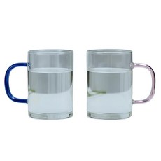 오템 내열 유리 손잔이 포인트 머그컵 300ml 2P, 블루, 핑크, 1세트