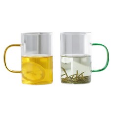 오템 내열 유리 손잔이 포인트 머그컵 300ml 2P, 옐로우, 그린, 1세트