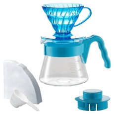 하리오 V60 컬러 브루 시리즈 핸드드립 커피 서버 세트 블루아워 600ml, 1세트, 드리퍼 + 커피서버 + 계량스푼 + 필터 40p 1세트, 드리퍼 + 커피서버 + 계량스푼 + 필터 40p