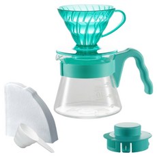 하리오 V60 컬러 브루 시리즈 핸드드립 커피 서버 세트 민트 브리즈, 1세트, 드리퍼 + 커피서버 + 계량스푼 + 필터 40p, 600ml 1세트, 드리퍼 + 커피서버 + 계량스푼 + 필터 40p, 600ml