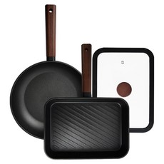 델라고 인덕션 오일마스터 프라이팬 세트 3개, 블랙, 1세트, 프라이팬28cm + 사각그릴팬 28cm + 뚜껑