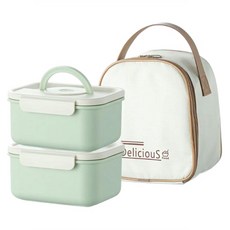 Kyhome 小方盒304不鏽鋼保溫飯盒/雙層便當盒/餐盒湯碗保鮮盒3件組 600ml 2個 + 保溫袋, 綠色, 1套