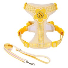 파스텔펫 반려동물 체크 플라워 하네스 + 리드줄 세트, 옐로우, 1세트
