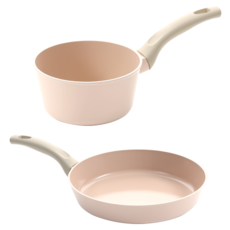 NEOFLAM 公司貨 Rosey系列 電磁爐適用陶瓷塗層鑄造雙鍋組 2入, 蜜桃粉, 1套, 單柄湯鍋 18cm + 炒鍋 28cm