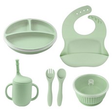 Couselect 矽膠兒童餐具6件組 食品級安全材質 輔食防摔, 艾綠色, 1套, 餐盤 + 飯碗 + 圍兜 + 吸管杯 + 湯匙 + 叉子