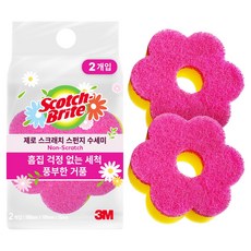 스카치브라이트 3M 제로스크래치 플라워 스펀지 수세미 핑크, 1개, 2개입