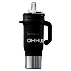 OHHUU 大容量陶瓷雙飲手柄杯 冷熱兩用 手提咖啡杯/冰霸杯/保溫/保冷/保冰杯/環保隨行杯, 1個, 黑色