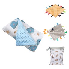 我家寶貝 豆豆絨系列 環保減塑彌月4件組 豆豆毯 + 標籤安撫巾 + 固齒器標籤安撫 + 收納袋, 豆豆毯 鯨魚 + 配件 款式隨機