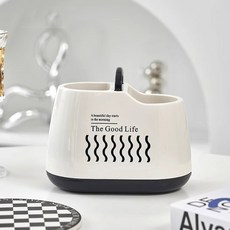 Huzen 廚房自動瀝水餐具收納筒 2格, 1個, 黑色 + 白色波浪