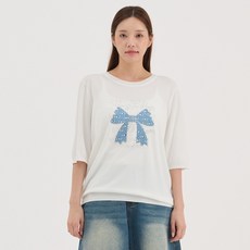 Elsso 女款蝴蝶結串珠字母寬鬆版型涼感針織短袖T恤
