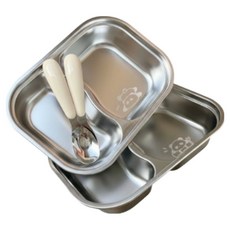 안녕베베 어린이 스테인리스 사과 대나무 판다 2칸 식판 세트, 혼합색상, 1세트, 2구 식판 2p + 스푼 2p