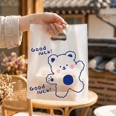 펜시픽 반투명 선물용 손잡이 굿럭 곰돌이 비닐 쇼핑백 소형, 혼합색상, 50개