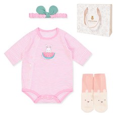 오가닉맘 신생아용 돌백일 토끼 7부 바디수트 + 헤어밴드 + 양말 선물 세트 + 목화 기프트 쇼핑백